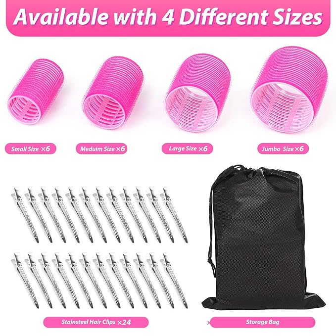 shynek Hair Rollers 48 Pcs Set, 24Pcs Hair Rollers 4 Sizes and 24 Pcs Hair Clips for Long Medium Short Hair (Pink)
