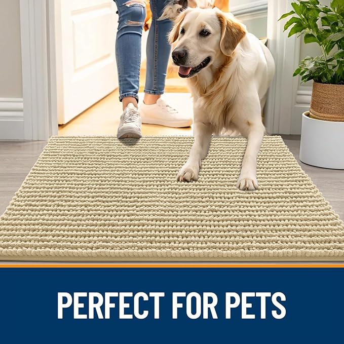OLANLY Dog Door Mat for Muddy Paws 47x17, Ultra Absorbent Chenille Mud Doormat, Non-Slip Washable and Dirt Trapping Doormat for Indoor Entryway, Quick-Dry Indoor Pet Bed Mats for Dogs, Sand