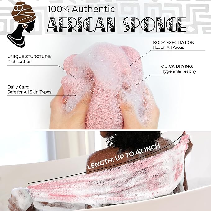 African Net Sponge Authentic - 2 Pieces Body Exfoliator Bath Sponge - Exfoliating Washcloth Back Scrub for Shower - Face & Skin Care, Travel Portable, Durable (Baby Pink & Pink)