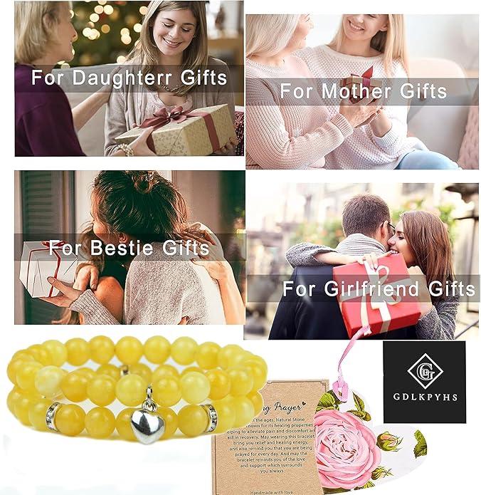 2Pcs Healing Crystal Bracelets for Women Handmade Beaded Bracelet Healing Prayers Crystal 8mm Natural Stone Beads Bracelet Stress Relief Get Well Soon Gifts