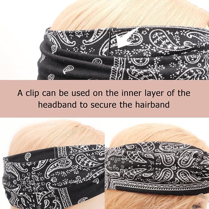 DRESHOW 4 Pack Boho Cotton Non-Slip Headbands for Women Girls Yoga Workout Running Knotted Turban Floral Elastic Head Wrap