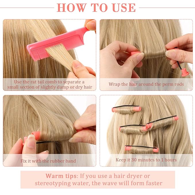 WILLBOND 96 Pcs Hair Perm Rods Plastic Cold Wave Perming Rod for Short Long Hair Curlers Heatless Roller with 2 Steel Pintail Rat Tail Comb for Hairdressing Styling Tool(0.51 Inch/ 1.3 cm,Pink)