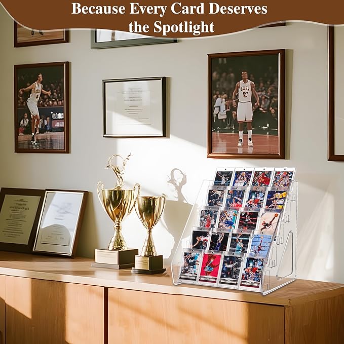 CELSOL Elevated 5 Tier Clear Acrylic Card Display Stand for Trading Cards, Sports Cards, Greeting Cards, Stickers – Slanted Holder for PSA Slabs, Vendors, Collectors & Retail (5 Tier 1 Pack)
