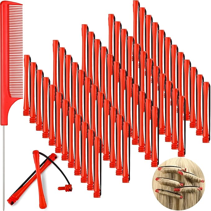 WILLBOND 60 Pcs Perm Rods for Short Long Hair Plastic Cold Wave Perming Curlers Small Hair Curling Rollers with Steel Pintail Rat Tail Kit for Women Hairdressing Styling Supplies(0.2 Inch,Red)
