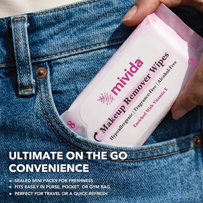 mivida Compact Travel Makeup Remover Wipes with Vit E, Hypoallergenic & Fragrance Free Makeup Wipes, Tough on Makeup Gentle on Skin. Travel Essentials for Adults & Teens, 10Bagsx8Wipes-80 Count