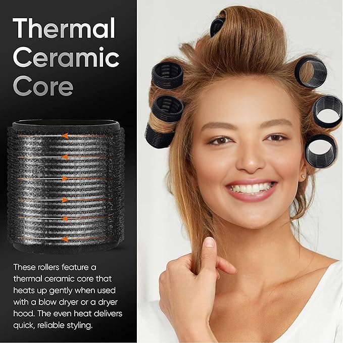 HYOUJIN 9pc Self-Grip Ceramic Ionic Thermal Hair Rollers,Hair Velcro Rollers for Salon Quality Hair Blowout Look for Long or Short Hair,Roller Set Perfect for Sleeping In(Black)(60mm,48mm,36mm)