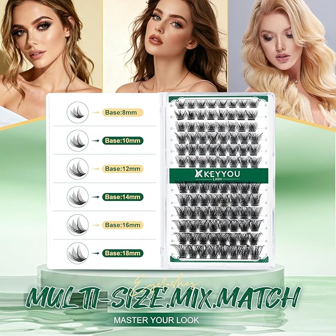 Lash Clusters 96pcs Individual Lashes D Curl 10mm Cluster Lashes KEYYOU Volume Wispy Lash Extension Soft&Comfortable Easy DIY at Home(Y03 D-10mm)