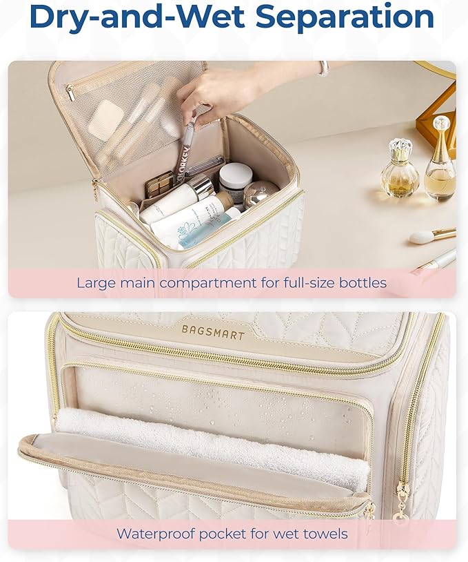 BAGSMART Travel Toiletry Bag, Large Wide-open Travel Bag for Toiletries, Makeup Cosmetic Travel Bag with Handle-Beige