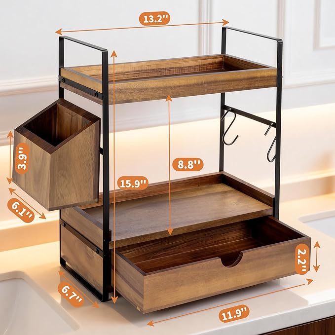 2-Tier Bathroom Counter Organizer with Drawer and Basket, Acacia Wood Countertop Organizer for Storage, Skincare Organizers for Vanity, Counter Shelf for Bathroom Organization(Acacia wood-Dark Brown)