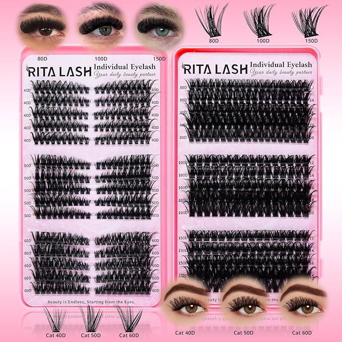 Lash Clusters Kit Eyelash Clusters Kit Cat Eye Lashes Clusters Lash Extension Kit Cluster Eyelash Extensions Pestañas Postizas Naturales with Lash Bond&Seal,Remover,Lash Tweezers(Cat Eye Lash Kit)
