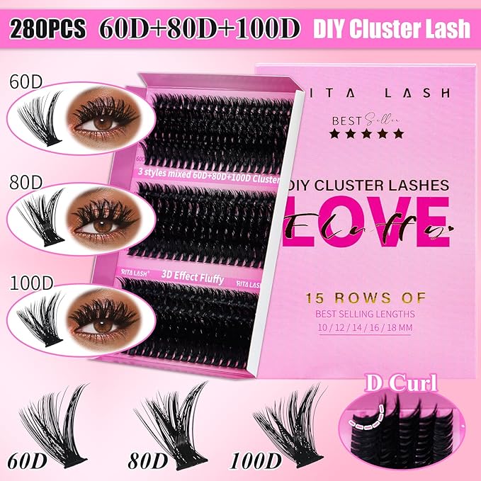 RITALASH Lash Clusters 3 Style Cluster Lashes Book Individual Lashes Clusters Eyelash Extensions False Eyelashes DIY Wispy 3D Effect Lash Extension Natural(60D+80D+100D Cluster Lashes)