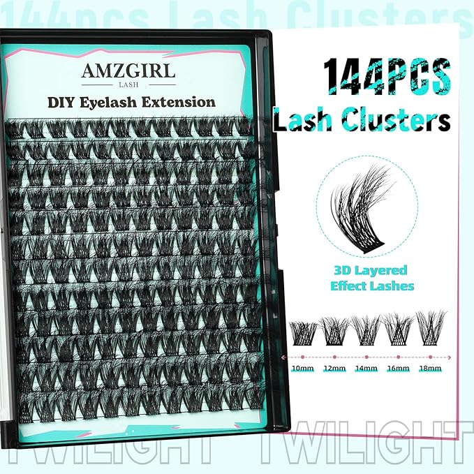 Lash Extension Kit 3D Effect Lash Clusters Kit 144pcs D Curl Eyelash Extension Kit with Lash Bond and Seal Lash Remover Lash Tweezers for Lash Clusters Eyelash Clusters Kit (Twilight, D-10-18mm Kit)