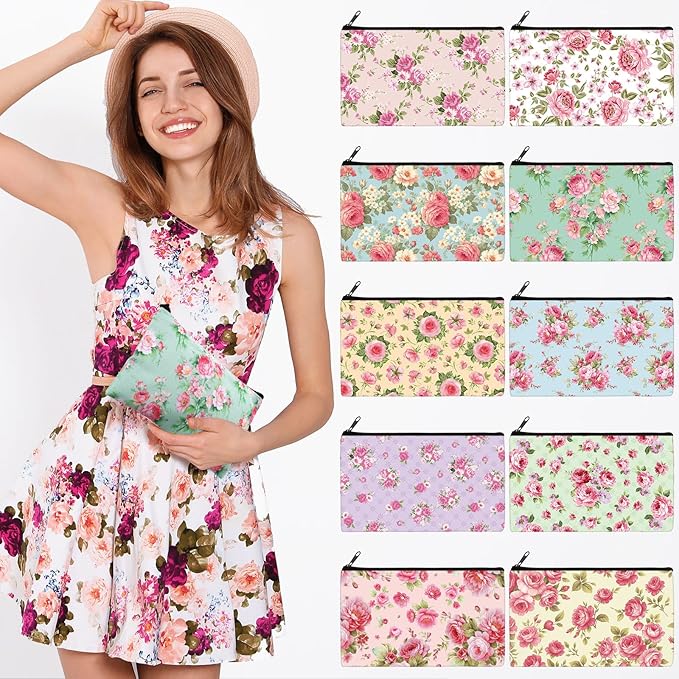 Reginary 20 Pieces Cosmetic Bag for Women, Roomy Makeup Bags with Zipper Toiletry Bag Pouch Travel Accessory Organizer Gifts, 7 x 4.3 Inches(Pink Flower)