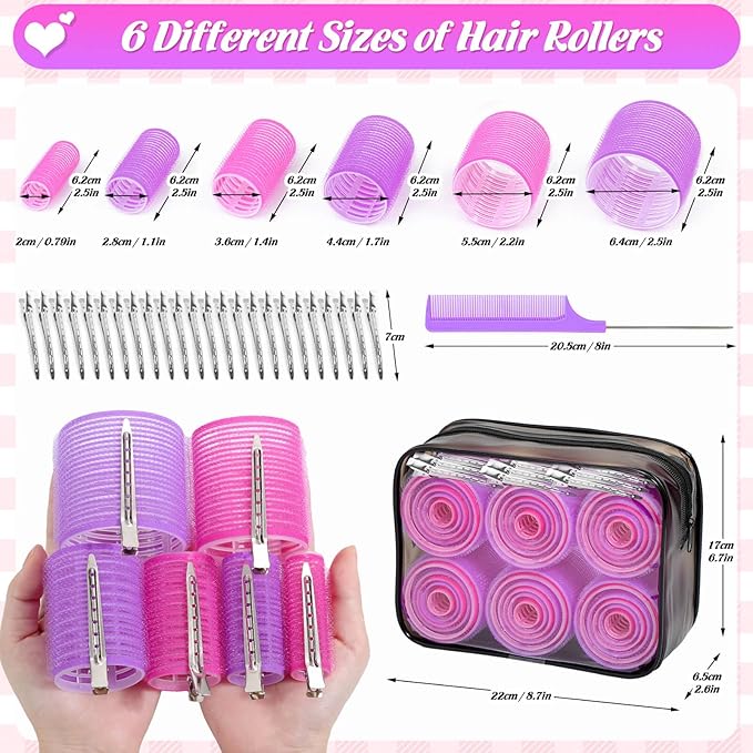 6 Size Hair Rollers for Women, 62 Pcs Rollers Hair Curlers for Blowout Look Long Medium Short Hair, Jumbo Large Medium Small Self Grip Curlers with 36 Roller 24 Clips 1 Storage Bag