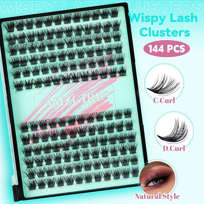 Wispy Lash Clusters Eyelash Extensions 144pcs Individual Lashes Cluster 12mm C Curl Fake Eyelash with Thin Band DIY Cluster Lashes At Home For Beginners (C-12mm)