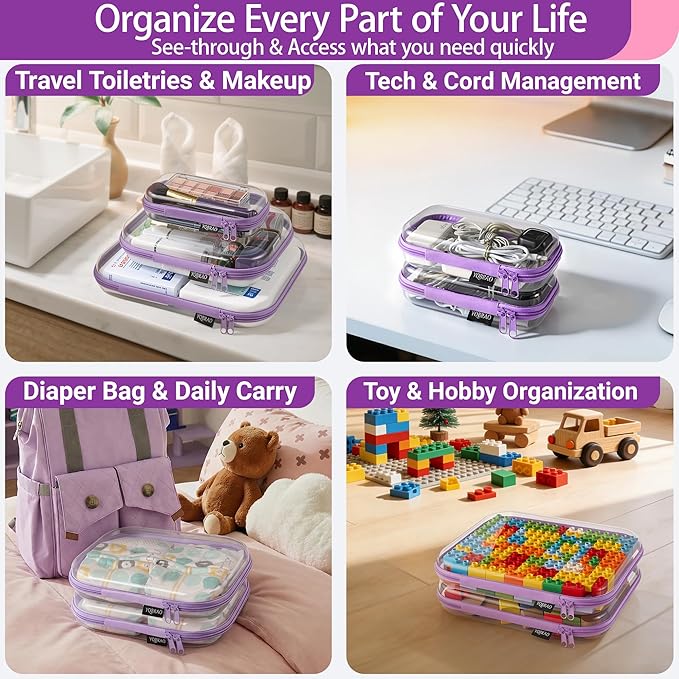 3 Pack Hard Sided Clear Zipper Case for Storage- Thickened-Grade Clear Hard Shell Zipper Case for Organizing Bead, Handicrafts, Sewing, Toiletries, Makeup (Purple)