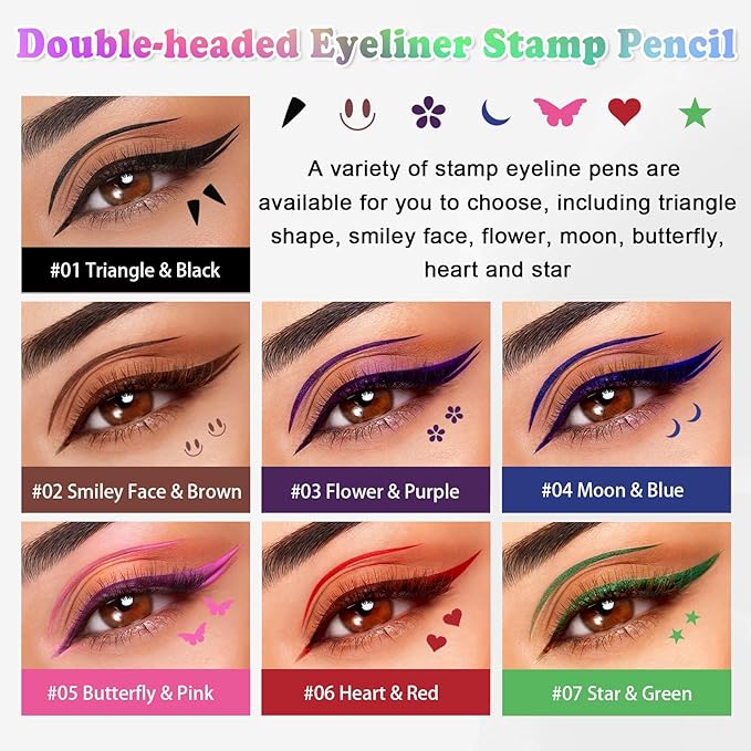 7 Colors Double-headed Eyeliner Stamps Pencil Set, Face Stamp Liquid Winged Eyeliner Stamp Pen Waterproof Smudgeproof Eye Liner Stamp for Eye Makeup