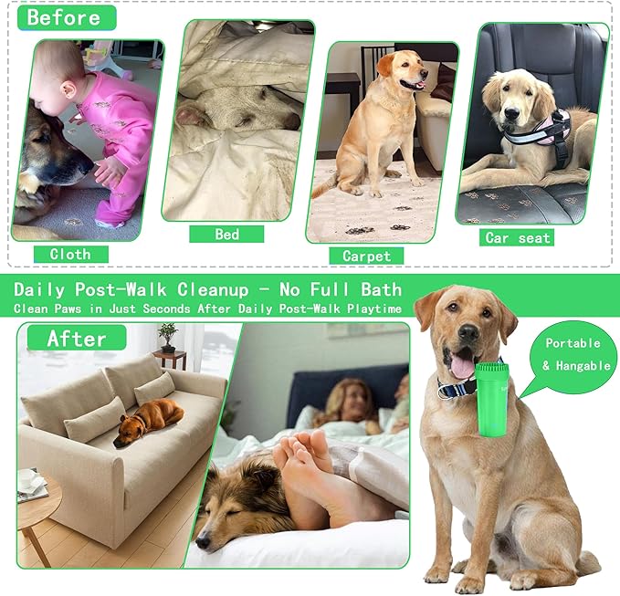 Dog Paw Cleaner Kit for L/XL Dogs - Quick Clean No Full Bath, 2-in-1 Paw Wash Cup with Detachable Silicone Brush Head, Includes Bath Brush & 3 Absorbent Towels, Green