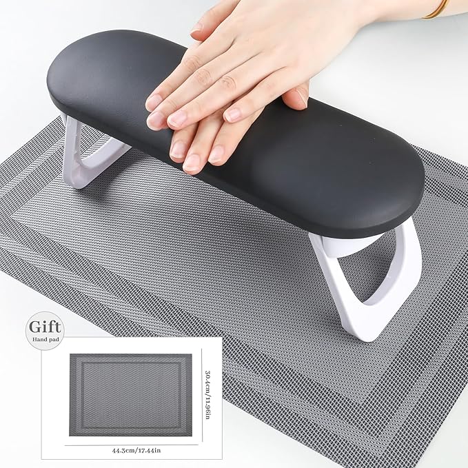 Nail Arm Rest, Professional Foldable PU Leather Nail Hand Rest with PVC Table Mat for Acrylic Nails, Soft Nail Hand Pillow Non-slip for Manicure Salon Use (higher-Black)