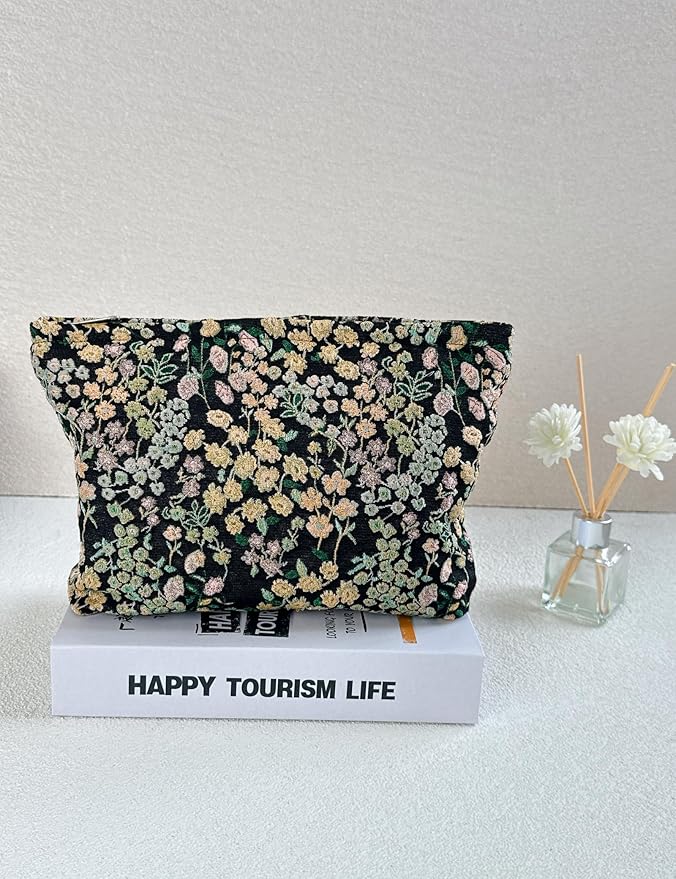 2 Pcs Makeup Bags, Large Cosmetic Bag Travel Toiletry Bag Organizer for Women, Embroidery Craft, Floral Makeup Bag Small Cosmetic Pouch Purse with Zipper Gifts for Girls Teen