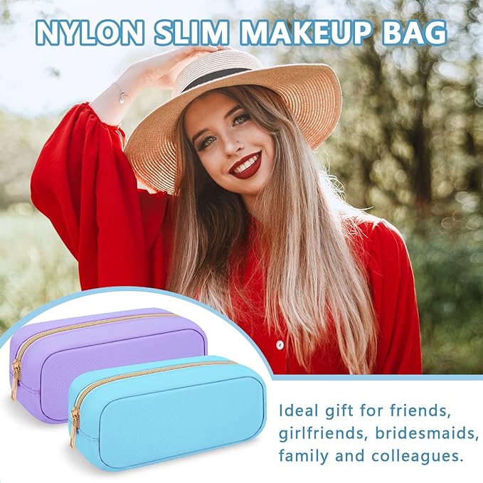 Iqimott Nylon Small Makeup Bag Slim Cosmetic Zipper Pouch, Preppy Brush Compact Make up Pouch Toiletry Bag, Waterproof Purse Travel Coin Storage for Women Girls Teens(Blue),(Slim-NylonMakeupBag-Blue)