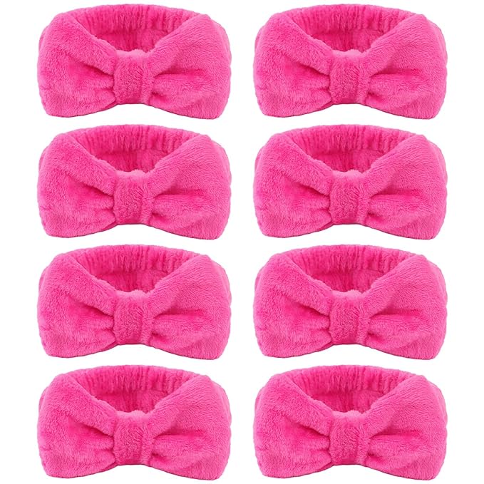 CIEHER 8 Pcs Spa Headbands for Women, Teen Girls - Bachelorette Party Favors, Birthday Gifts, Hot Pink Makeup and Face Wash Headbands