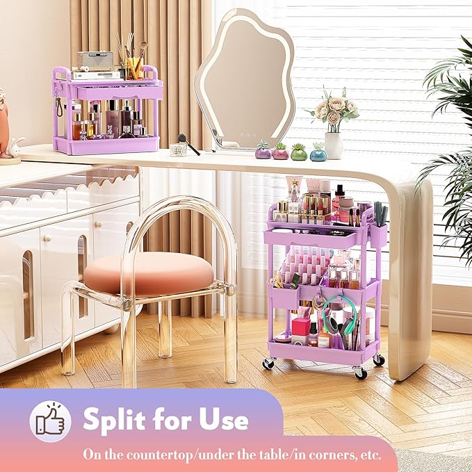 Makeup Cart Organizer with Drawers, Floor Skincare Organizers Vanity Storage Organizer, Rolling Makeup Bathroom Storage Cart Cosmetics Display Cases for Skin Care Perfume Nail Polish, Purple