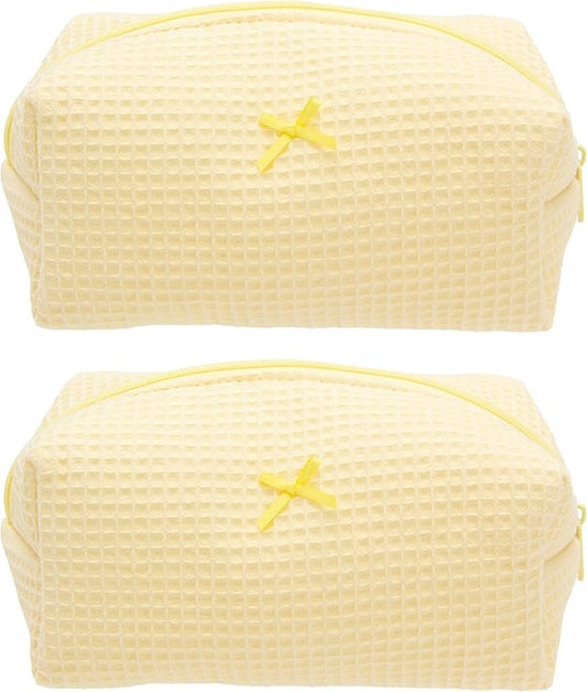 PAZIMIIK 2PCS Cozy Makeup Bag Travel Cosmetic Bag for Women Soft Toiletry Bag Aesthetic Makeup Organizer Portable Large Zipper Pouch for Skincare Beauty Accessories Brushes Waffle Check Yellow