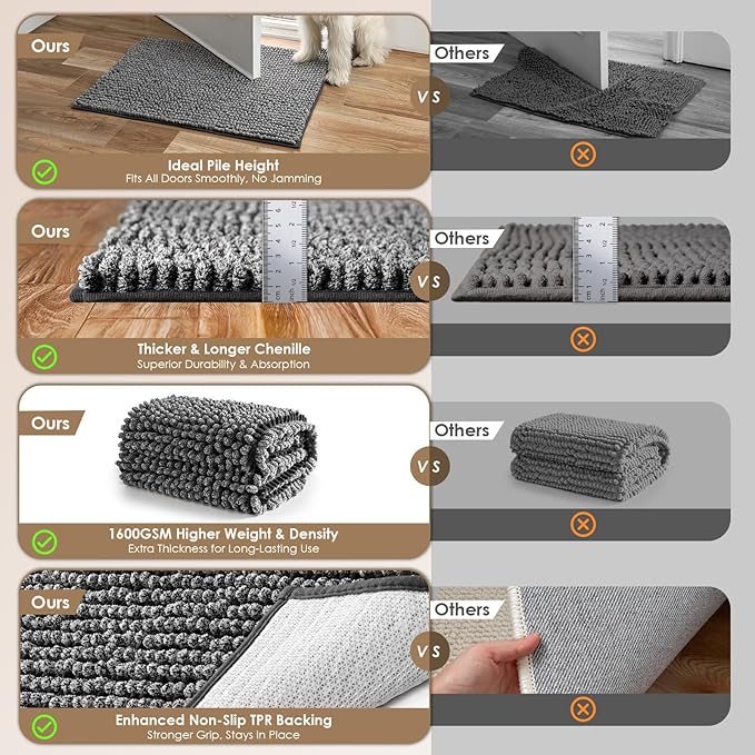EHEYCIGA Super Absorbent Dog Door Mat for Muddy Paws 48x30 Inch Indoor, Front Doormat Outside Entrance, Quick Dry Chenille Washable Dog Crate Bed, Non-Slip Pet Rug Mud Mat Outdoor Entryway, Grey