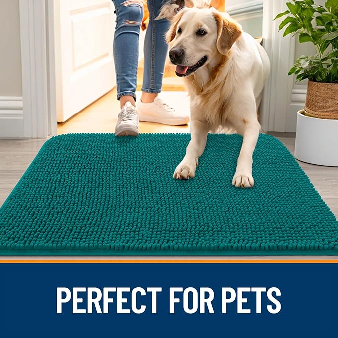 OLANLY Dog Door Mat for Muddy Paws 47x32, Absorbs Moisture and Dirt, Absorbent Non-Slip Washable Doormat, Quick Dry Chenille Mud Mat for Dogs, Entry Indoor Entryway Carpet for Inside Floor, Lake Blue