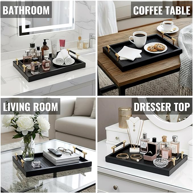 Bamboo Vanity Tray for Dresser - 13.4" Black Gold Catchall Organizer for Cologne, Perfume, Cosmetics, Jewelry, Candle, Watch, Key - Decorative Valet Tray for Living room, Bathroom, Bedroom, Countertop