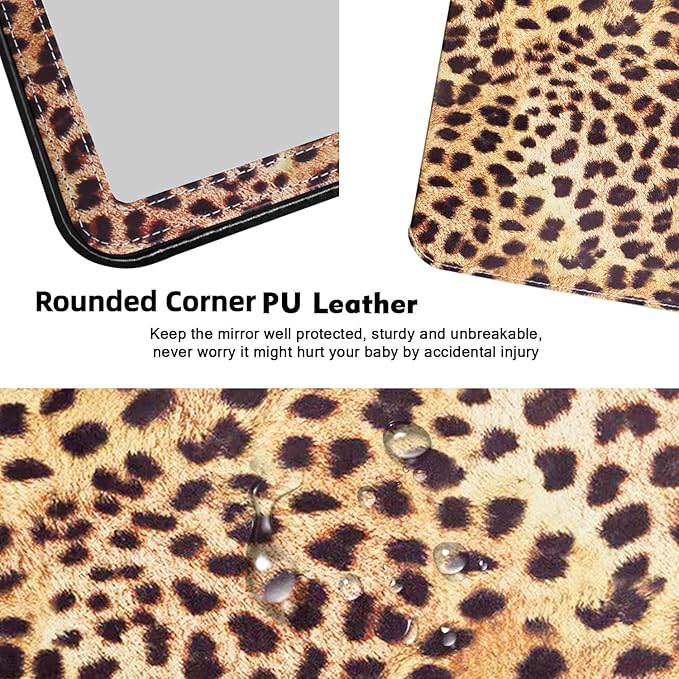 Foldable Travel Makeup Mirror, Portable PU Leather Standing Desk Mirror Rounded Corner, Large Folding Desktop Vanity Mirror with Adjustable Stand for Vanity Table, Office, Camping Leopard Print