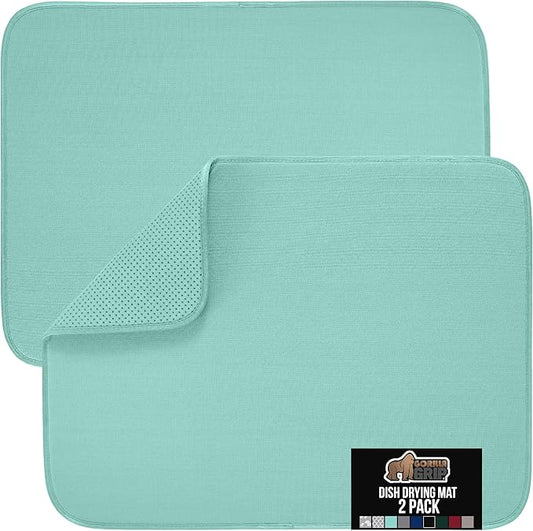 GORILLA GRIP Ultra Water Absorbent Microfiber Dish Drying Mat 2 Pack, Quick Dry Thick Mesh, Slip Resistant Pad for Sink Dishes or Under Rack, Kitchen Counter Accessories, Machine Wash, 18x16, Mint