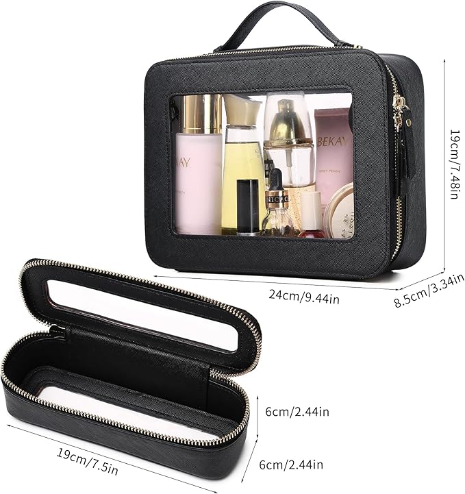 Travel Makeup Bag with Brush Case Portable Transparent Cosmetic Bag and Toiletry Bag Waterproof Makeup Organizer with Zipper Car Essential for Women (Black, L+Slim)