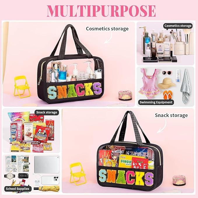 Chenille Letter Snacks Bag Clear Snack Bag Pouch with Handle and Zipper Waterproof Nylon Portable Travel Tote Makeup Bag for Women