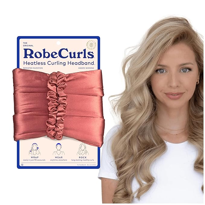 RobeCurls Original Heatless Hair Curler Set with 2 Scrunchies - Patented Satin Curling Headband with Wire Hold for Heatless Curls Overnight - Gentle Hair Curlers to Sleep In for Women & Kids, Rose
