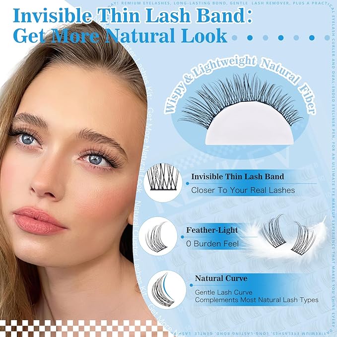 Wispy Lash Clusters Kit Ultra-thin Band Natural Eyelash Clusters 8-16mm Lash Extension Kit Mix Length Clear Band Natural Look Cluster Eyelash Extensions With Lash Bond DIY Lash At Home(Wispy05)