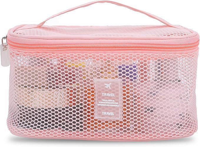 Mesh Makeup Bag, Breathable Cosmetic Bags with Zipper, Travel Lightweight Make Up Organizer Mesh, Toiletry Bag with Handle for Women Girls Gift, Pink