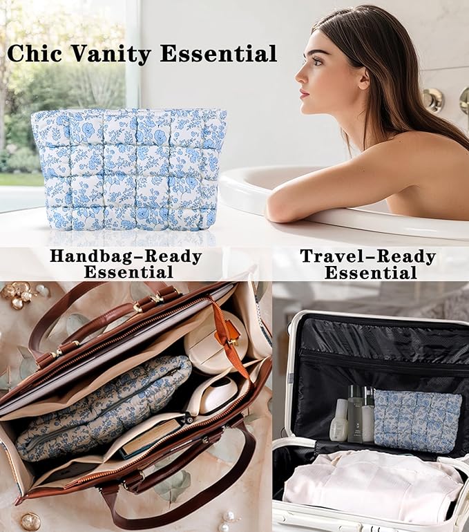 Puffy Quilted Makeup Bag, Cosmetic Bag, Travel Toiletry Organizer Pouch, Clutch for Women (Blue Floral)