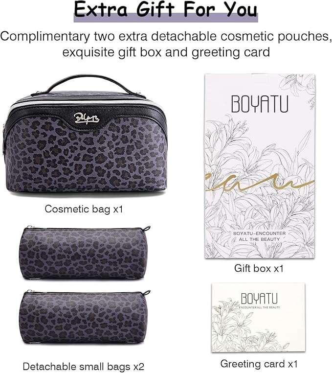 BOYATU Travel Makeup Bag for Women: 3 Pcs Set Portable Make up Bags with Handle - Leopard Print Cosmetic Bags with Comparments - Waterproof Vegan Leather Toiletry Bag (A-1-Purple)