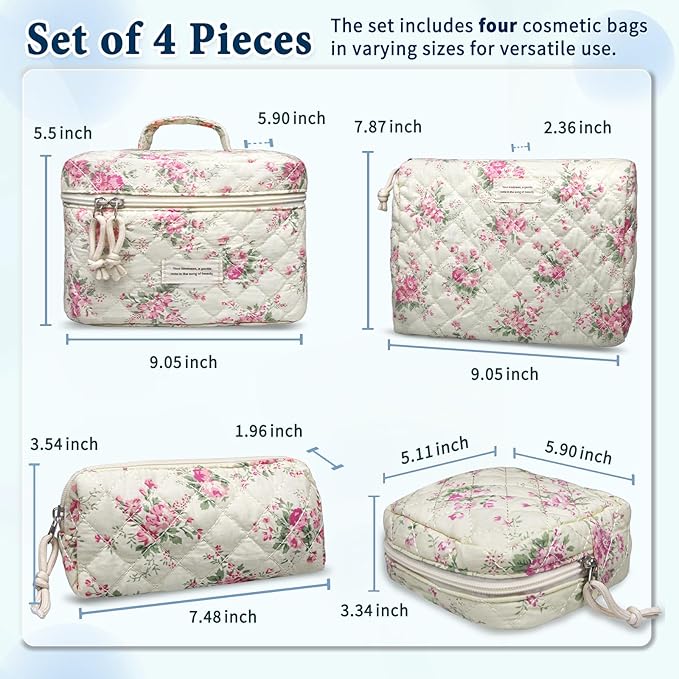 VIWIME Makeup Cosmetic Bag, Large Cotton Quilted Travel Coquette Aesthetic Cute Floral Make up Bag for Women Toiletry Bag Organizer (207- Pink Flower)