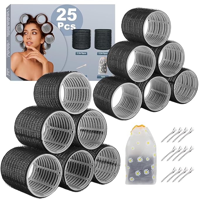6Pcs 64mm Jumbo Hair Rollers & 6Pcs 55mm Large Hair Rollers, Large Rollers for Long Hair, Women with 12 Hair Clips, Storage Bag -Black