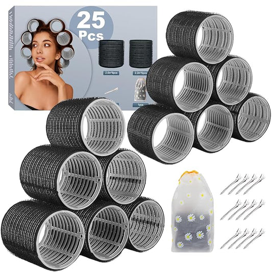 6Pcs 64mm Jumbo Hair Rollers & 6Pcs 55mm Large Hair Rollers, Large Rollers for Long Hair, Women with 12 Hair Clips, Storage Bag -Black