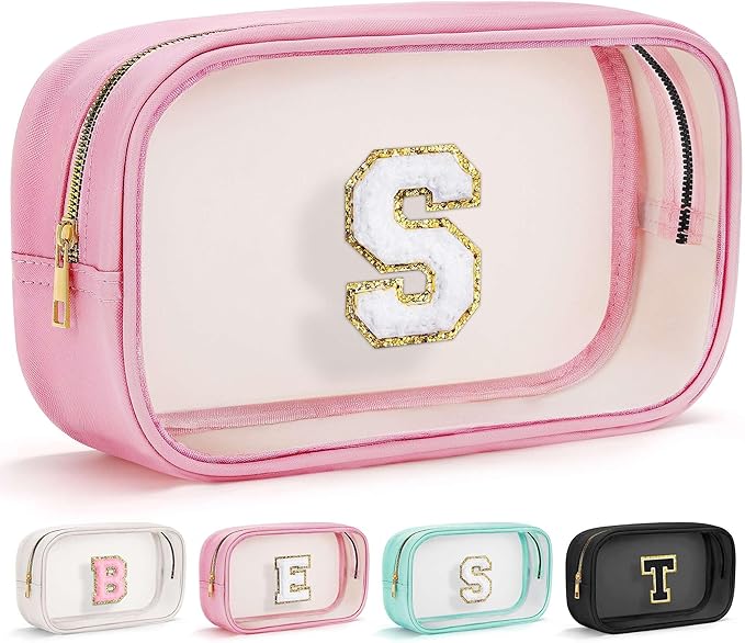 YOOLIFE Initial Valentines Gifts for Girls Kids Clear Makeup Bag Preppy Cosmetic Bags Organizer Travel Essentials Pink Gifts for Girls Teen Girlfriend Teacher Kids Birthday Gift Preppy Stuff M