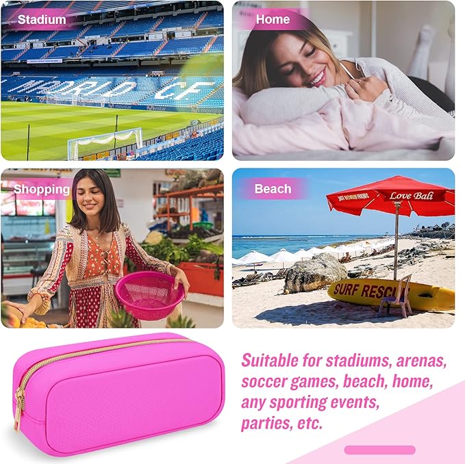 Iqimott Hot Pink Makeup Bag Nylon Small Makeup Bag, Preppy Slim Cosmetic Bag Compact Makeup Brush Pouch Toiletry Bag, Waterproof Zipper Purse Travel Coin Pouch Storage Bag for Women Girls Teens