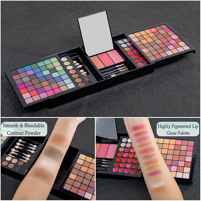 177-Color All-in-One Makeup Palette with 10 Brushes, Portable Case, Eyeshadows, Gel Eyeshadow, Lip Gloss, Concealer, Blush & Brow Powder – Complete Beauty Set for Women & Girls