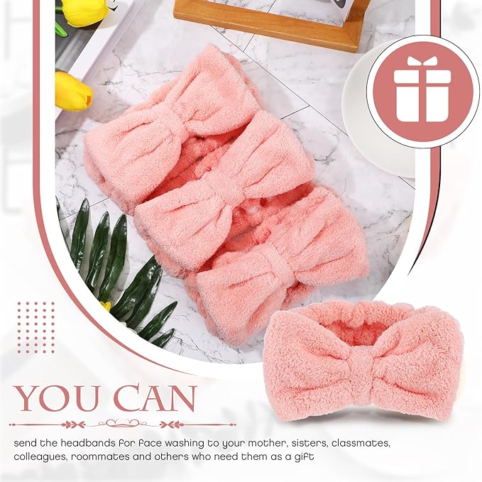 Yunlly 20 Pcs Spa Headband for Women 4 Inches Width Facial Makeup Hair Band Bulk Skincare Headbands for Washing Face Bowtie Slumber Party Supplies Fluffy Head Wraps(Pink)