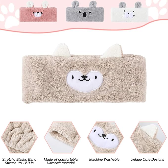 Chuangdi 4 Pieces Animal Hair Bands Face Wash Headband Spa Animal Ears for Skincare Makeup Spa Headband Washing Face Coral Fleece Plush Hairband for Women Girls(Adorable Style,Cute Colors)