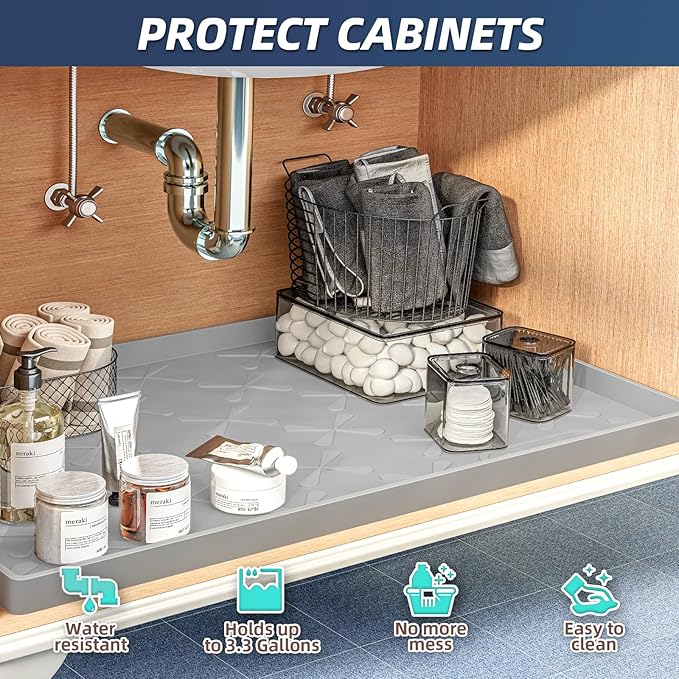 SIKADEER 19" x 19" Under Sink Mat Waterproof, Silicone Mat Kitchen Drawer Shelf and Cabinet Liner, Sink Protector for Kitchen Organizers and Storage, Boot Tray Pet Food Mats