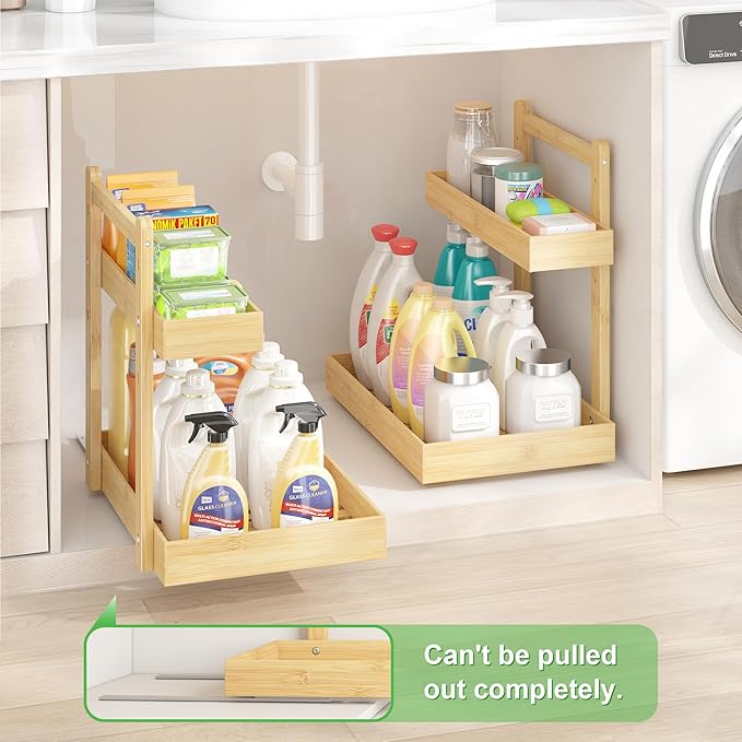 Bamboo Under Sink Organizer and Storage, 2 Tier Pull Out Cabinet Organizer, Slide Out Under Sink Storage Shelf, Undersink Organizers Shelves for Kitchen Bathroom Organization